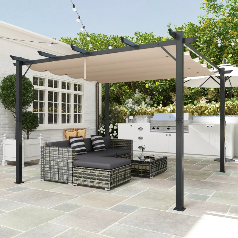 Outsunny Retractable Roof Pergola 10x10 Retractable Canopy 9.8x9.8 Outdoor Shelter for Home & Garden Coffee Brown