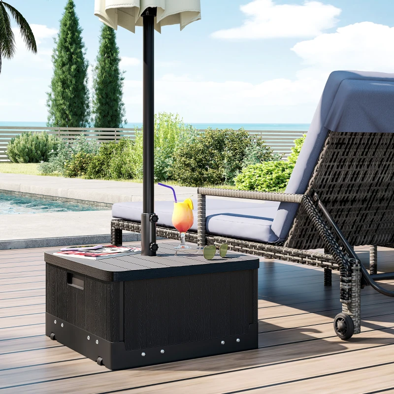 Outsunny 3-in-1 Outdoor Umbrella Base with Wheels, Side Table, Planter Box, 175lbs Heavy Duty Patio Umbrella Stand, Black
