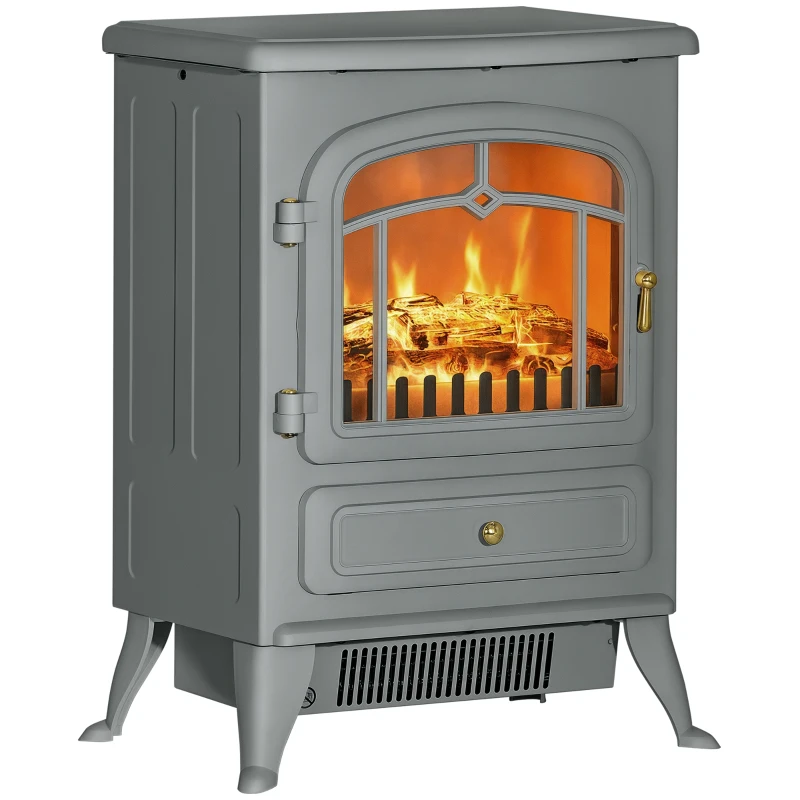 HOMCOM Fireplace Stove, Electric Fireplace Heater with Realistic LED Flames and Logs, 725W/1450W, Gray