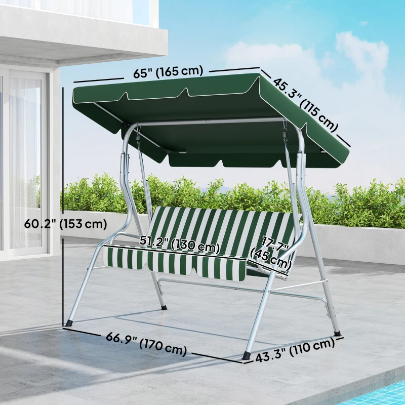 Outsunny 3-Seat Patio Swing Chair, Outdoor Porch Swing Glider with Adjustable Canopy, Removable Cushion, and Weather Resistant Steel Frame, for Garden, Poolside, Green & White