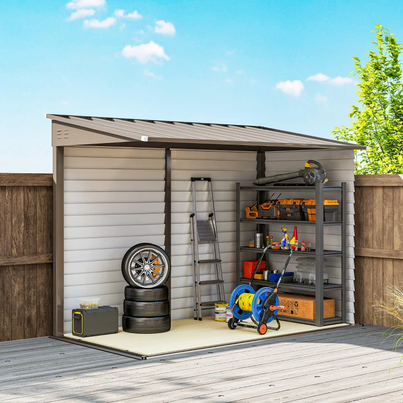 Outsunny 4.6' x 9' Outdoor Storage Shed, Lean to Metal Shed with Foundation Kit, Lockable Doors and Gloves for Patio, Lawn, Brown(m-9)
