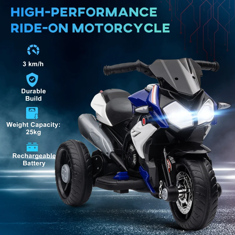 Qaba Kids Electric Motorcycle Ride-On Toy with 3 Wheels, Music, Horn, Lights, Blue
