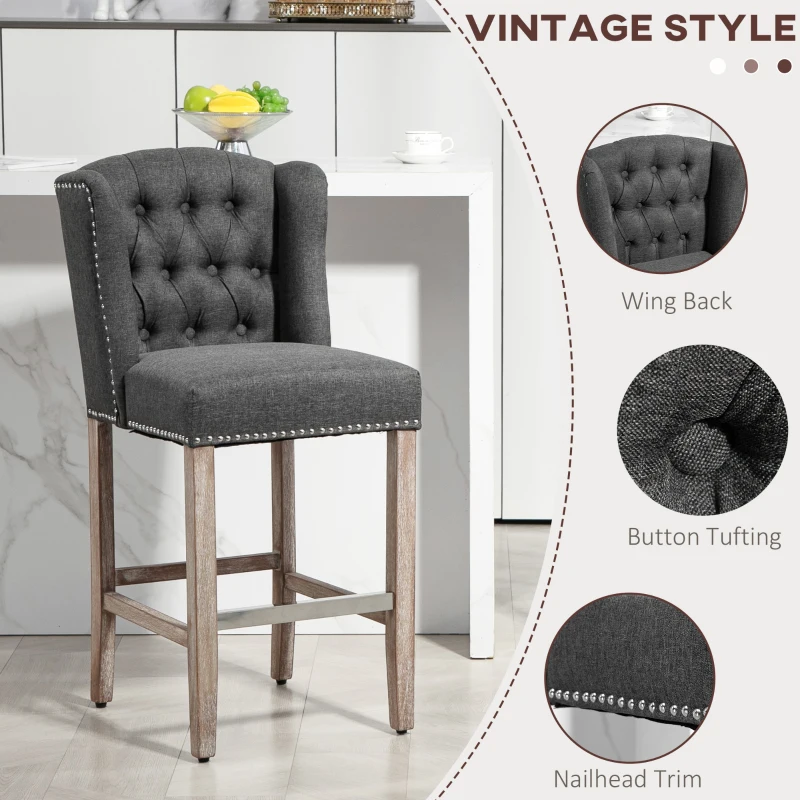 HOMCOM Counter Height Bar Stools Set of 2, Upholstered Bar Chairs with Nailhead Backrest and Footrest, Charcoal Grey