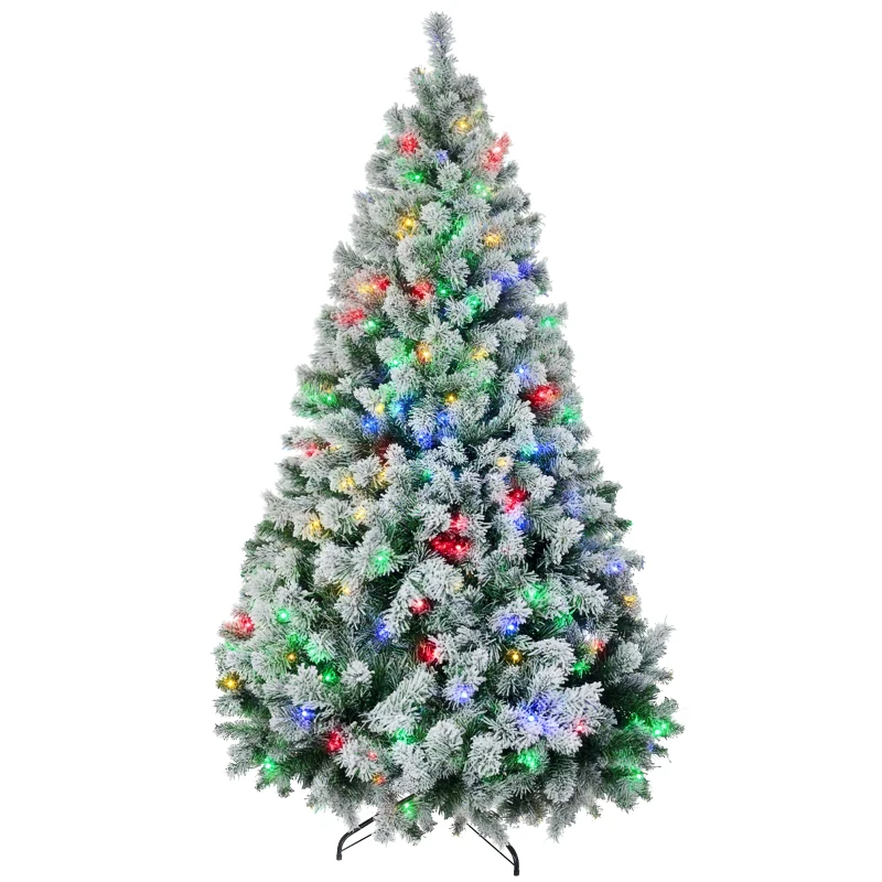 HOMCOM 6' Artificial Snow Christmas Trees with Frosted Branches, Warm White or Colorful LED Lights, Steel Base