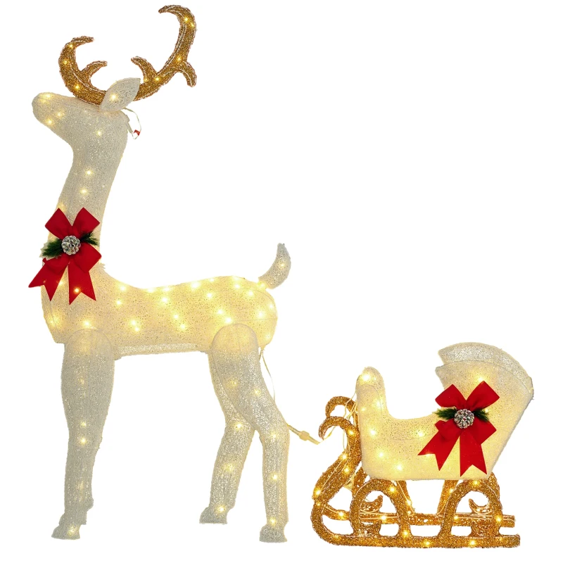 Outsunny Outdoor Lighted Deer Xmas Decor, Light Up Reindeer Christmas Decoration w/ 170 LED Lights for Holiday, Garden, White