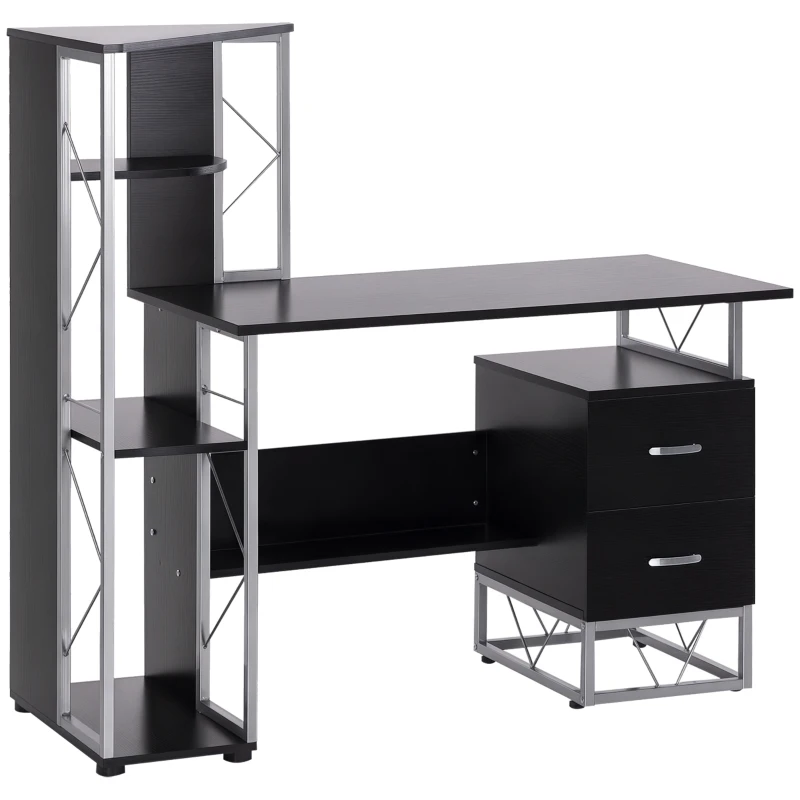 HOMCOM 52" Modern Computer Desk with Storage Shelves and Drawers, Home Office Desk, Study Workstation with CPU Stand, Black