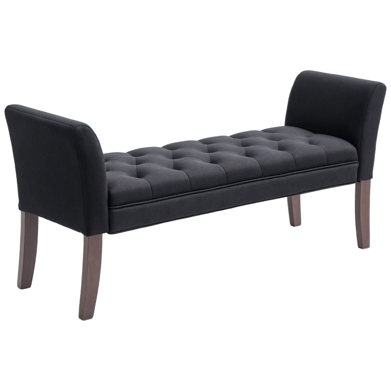 HOMCOM Upholstered Bedroom Entryway Bench with Button Tufted Design, End of Bed Bench with Arms and Solid Wood Legs, Black
