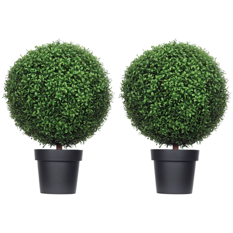 HOMCOM Set of 2 Artificial Ball Boxwood Topiary Trees, Fake Plants in Pot for Indoor Outdoor Living Room Green