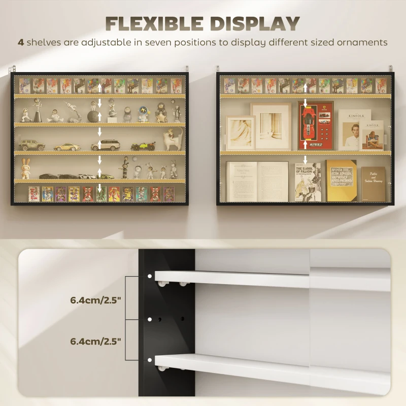 HOMCOM 5-Tier Display Cabinet, Wall-Mounted Display Case with 2 Glass Doors and Adjustable Shelves, Black
