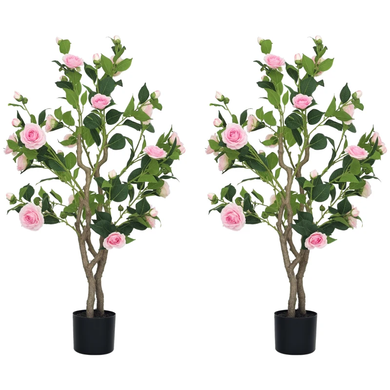HOMCOM Set of 2 Decorative Artificial Plants, Camellia Flowers in Pots, Fakes Plant for Home Indoor Decor, 39 inch, Pink