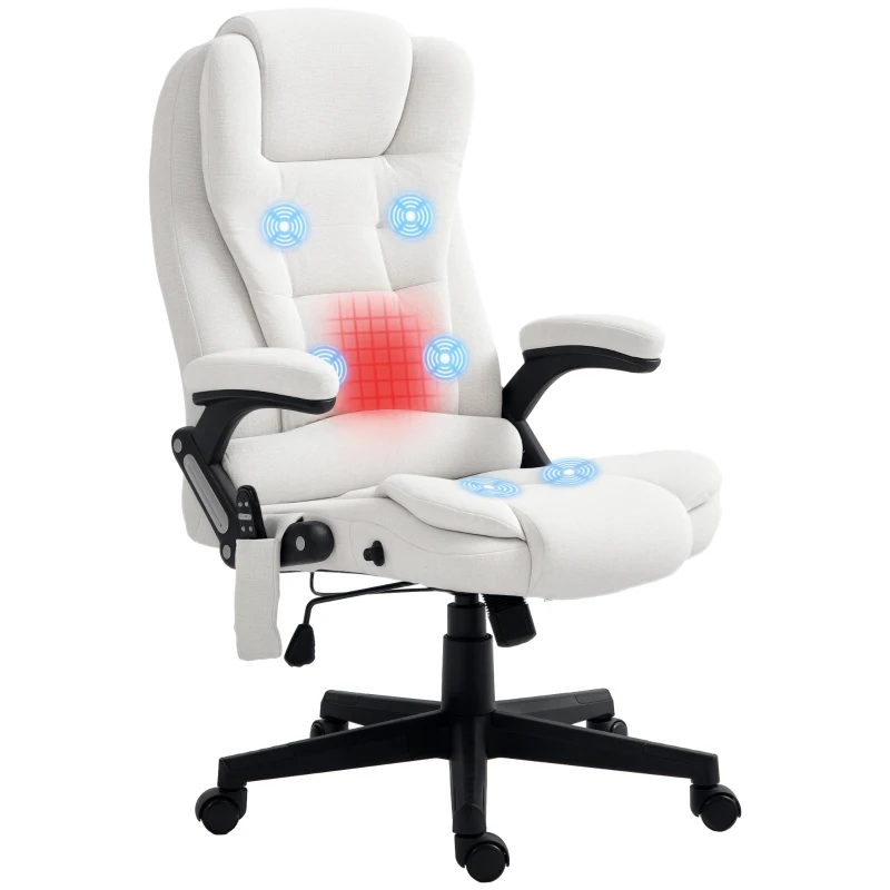 HOMCOM 6 Point Vibrating Massage Office Chair with Heat, Linen High Back Massage Desk Chair with Reclining Backrest, White