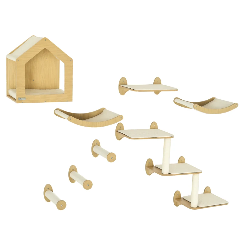 PawHut 8PCs Cat Wall Shelves Pet Wall-mounted Climbing Shelf Set with Cushion Condo Scratching Posts Hammock Oak