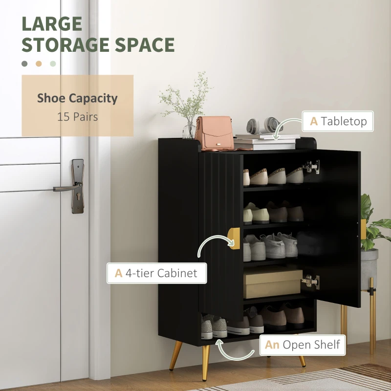 HOMCOM Entryway Shoe Storage Cabinet, Narrow Shoe Cabinet with Adjustable Shelves and Open Shelf for 15 Pairs of Shoes, Black