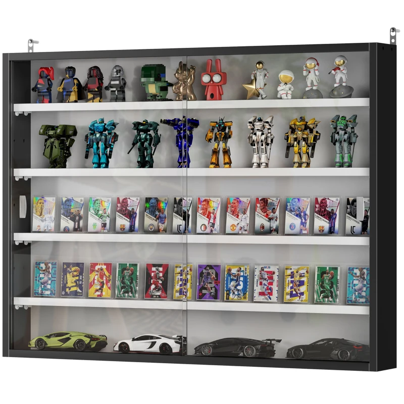 HOMCOM 5-Tier Display Cabinet, Wall-Mounted Display Case with 2 Glass Doors and Adjustable Shelves, Black