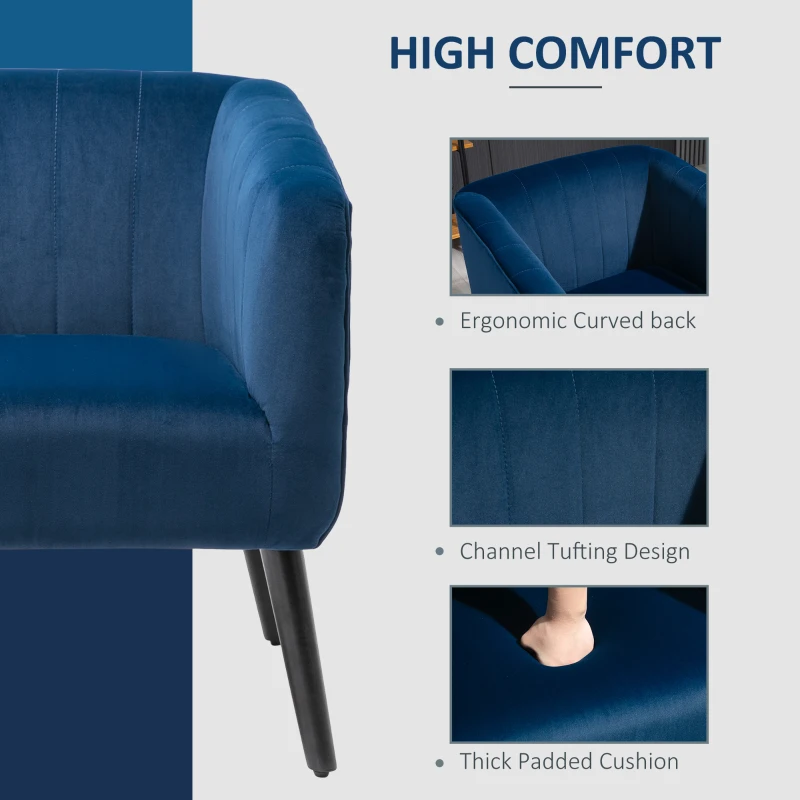 HOMCOM Luxury Velvet Fabric Accent Armchair with Thick Padding, High Armrests, and Channel Tufting, Blue