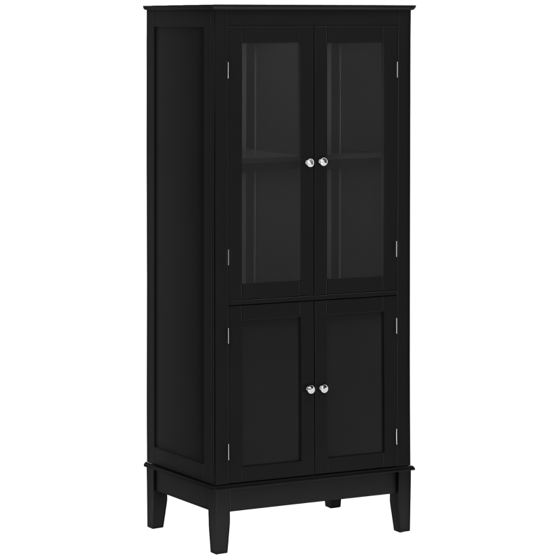 kleankin Bathroom Floor Cabinet with 2 Storage Cabinets, Tempered Glass Door, Freestanding Linen Tower with Adjustable Shelves for Living Room, Black