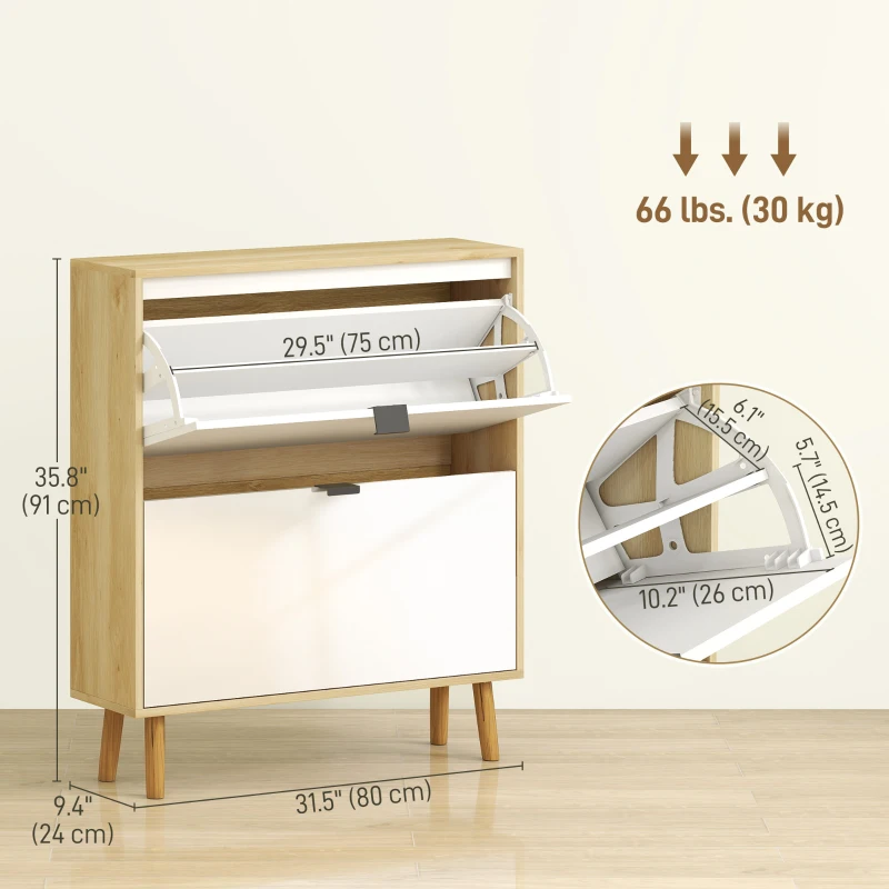 HOMCOM Narrow Shoe Cabinet, High Gloss Shoe Storage Cabinet with 2 Flip Drawers and Adjustable Shelves, Holds 16 Pairs, White