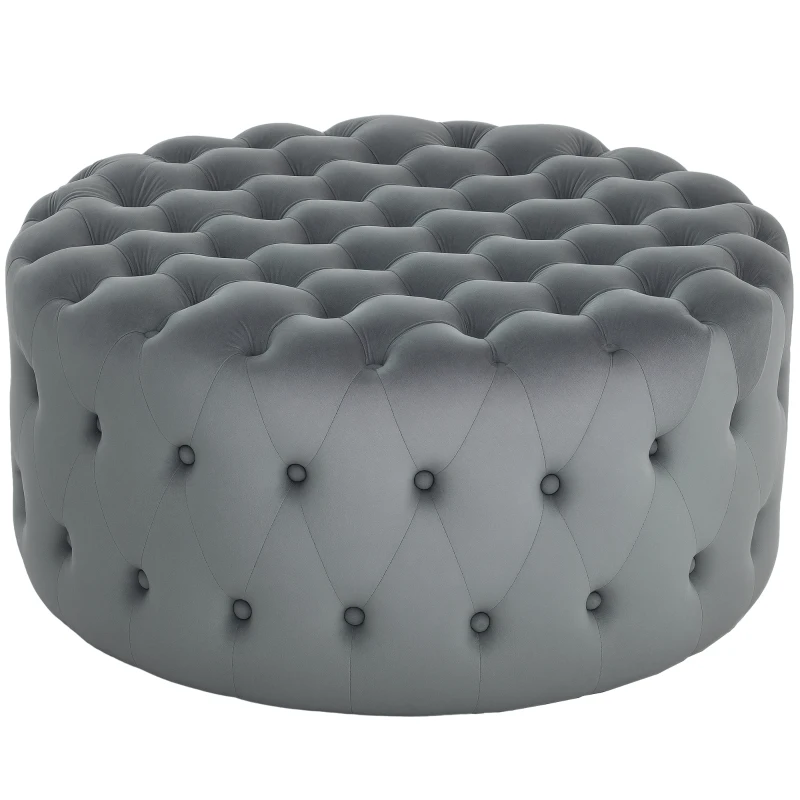 HOMCOM Round Ottoman Coffee Table with Velvet-feel Upholstery, Button Tufted Design and Padded Seat, Dark Gray