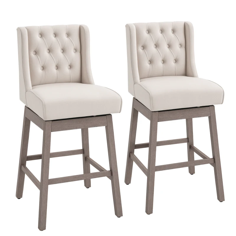 HOMCOM Bar Height Bar Stools Set of 2, 180 Degree Swivel Barstools, 30" Seat Height Bar Chairs with Solid Wood Footrests and Button Tufted Design, Beige