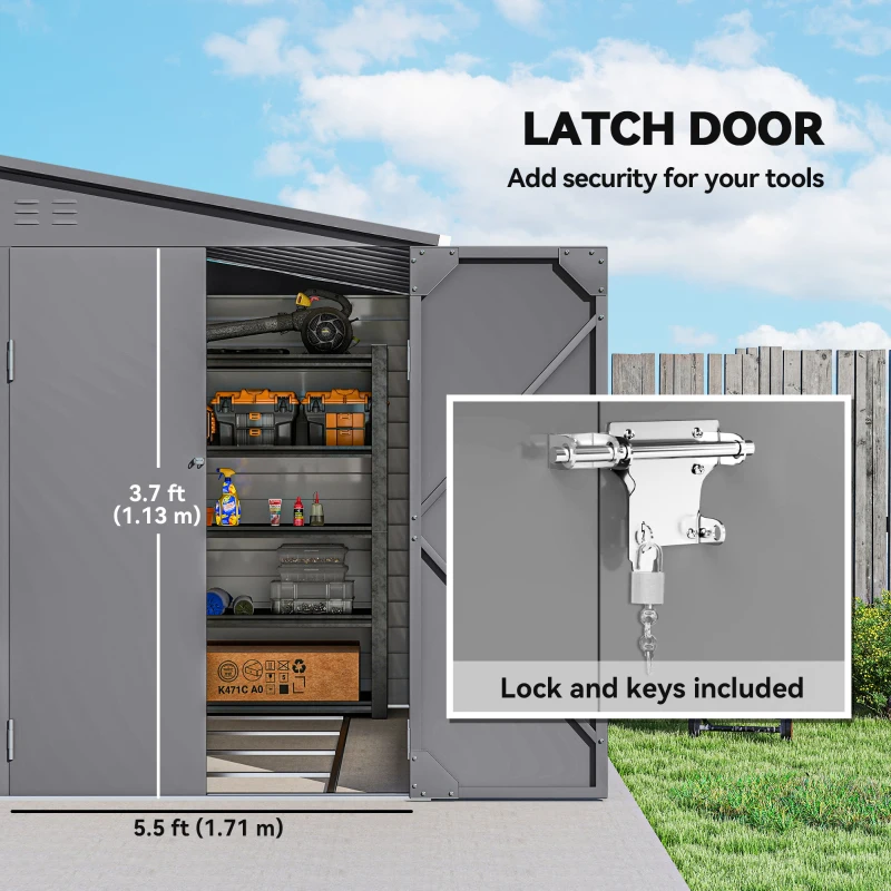 Outsunny 4.6' x 9' Steel Outdoor Storage Shed, Lean to Shed, Metal Tool House with Foundation Kit, Lockable Doors, Gloves and 2 Air Vents for Backyard, Patio, Lawn, Grey