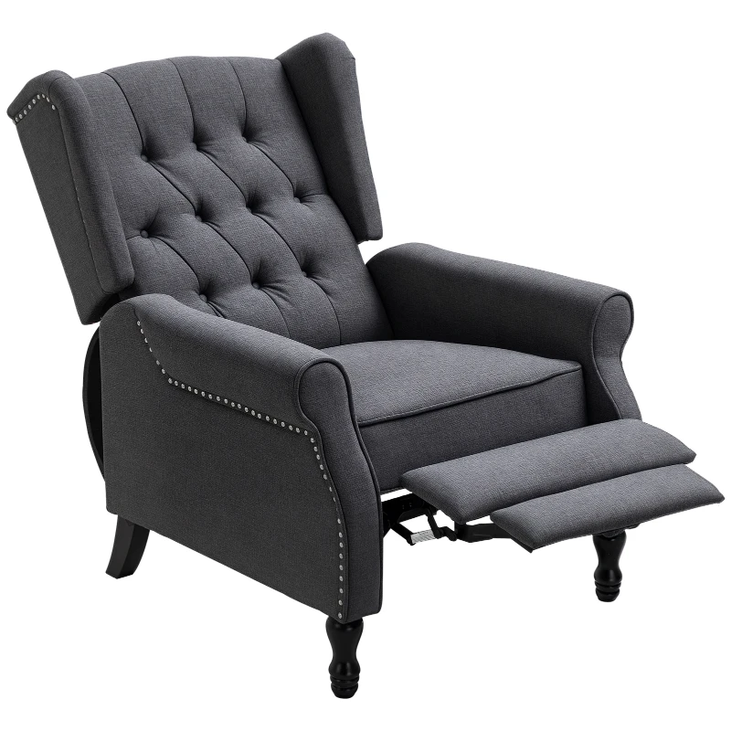 HOMCOM Fabric Upholstered Wingback Recliner, Tufted Push Back Accent Chair, Linen Arm Chair with Footrest, Armrest, Padded Cushion, Dark Grey