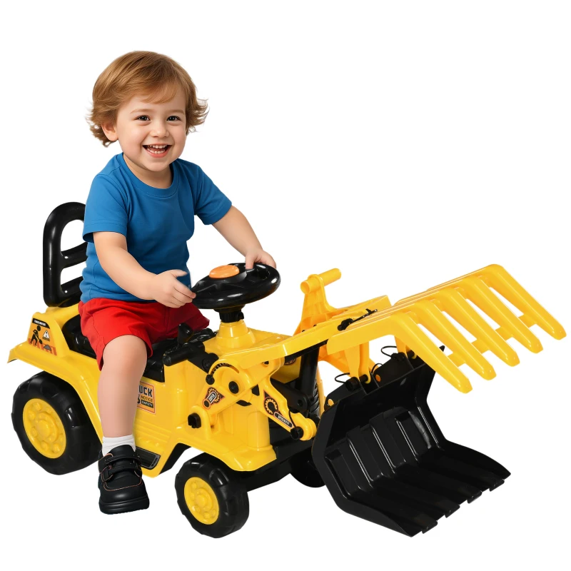 Aosom Ride On Excavator Toy No Power Digger with Realistic Sound Grabber Storage, for 2-4 Years Old, 32.7"x10.6"x15.4", Yellow