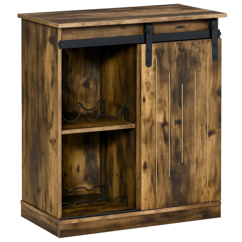 HOMCOM Industrial Wine Cabinet, Sideboard Storage Cabinet, Serving Bar Buffet with Sliding Barn Door and 6-Bottle Wine Rack, Brown