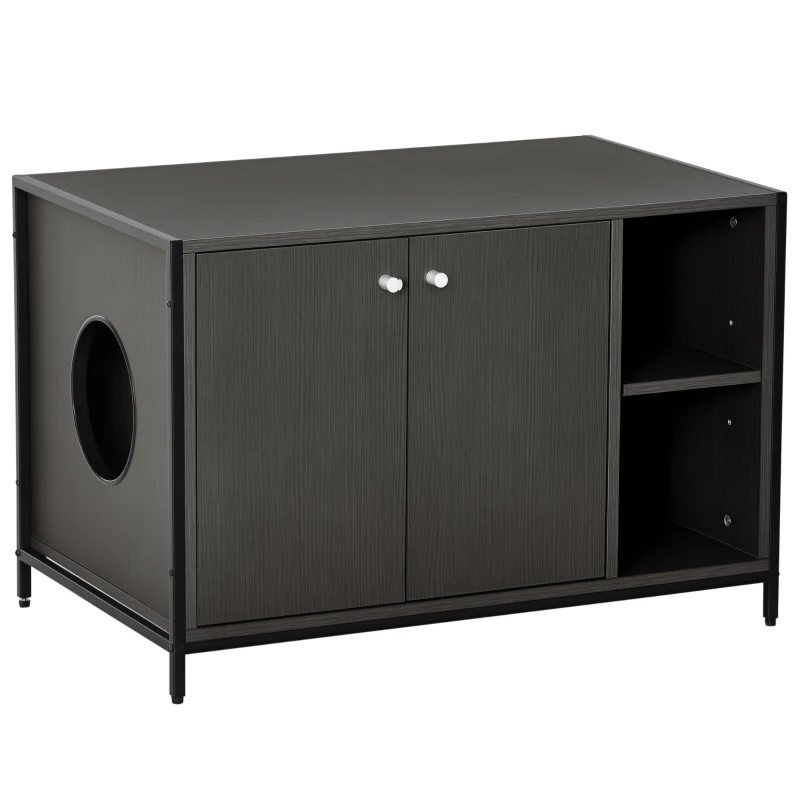 PawHut Large Wooden & Steel Cat Litter Box Enclosure, Kitten Washroom End Table, Indoor Hidden Cat House with Magnetic Doors & Storage Shelves, Black