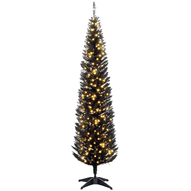 HOMCOM 7ft Pencil Christmas Tree, Slim Artificial Christmas Tree with Realistic Branches and Warm White LED Lights, Black