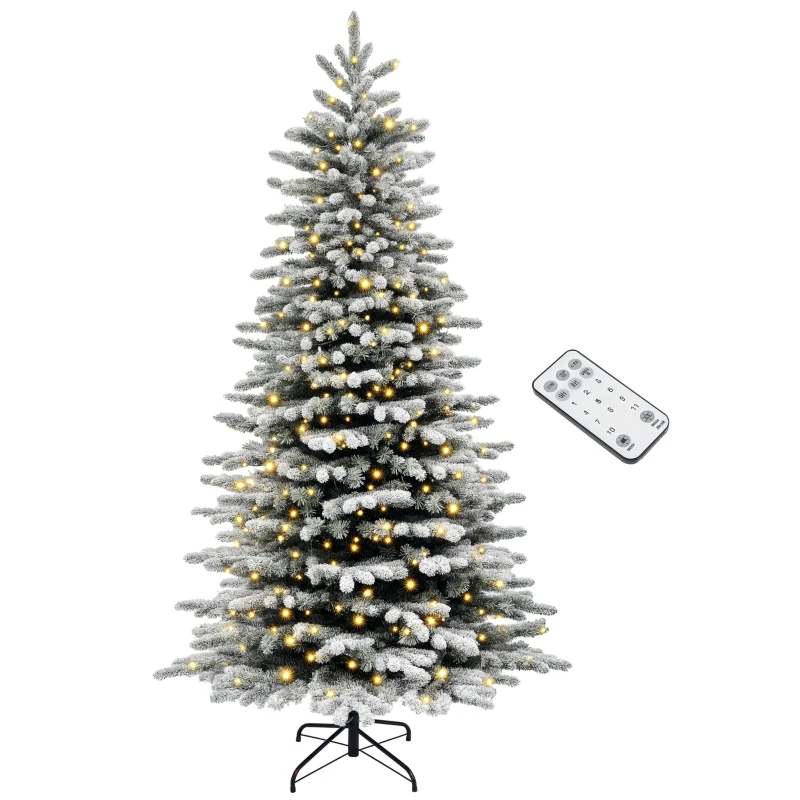 HOMCOM 6.5ft Snow Flocked Artificial Christmas Tree, Pre-Lit Christmas Tree with 400 LED Lights and 990 Branch Tips, Green