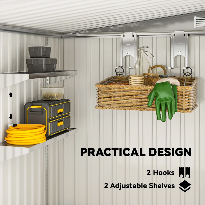 Outsunny 5'x7' Lean to Galvanized Metal Shed with Foundation, Garden Tool Storage House w/ Sliding Door and 2 Vents, Light Grey