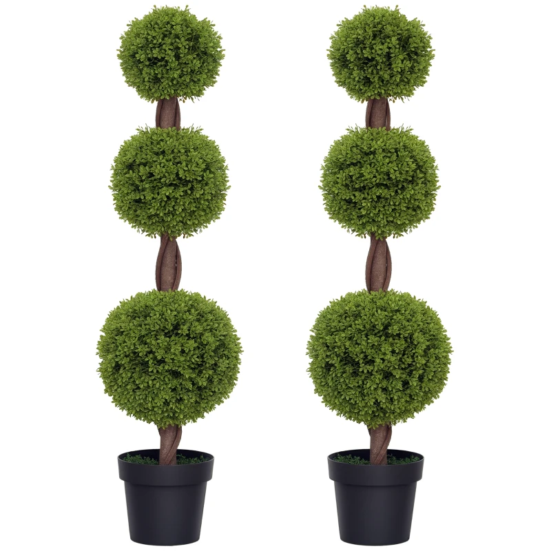 HOMCOM Set of 2 Artificial Ball Boxwood Topiary Trees, Fake Plants in Pots for Indoor Outdoor Living Room, Green