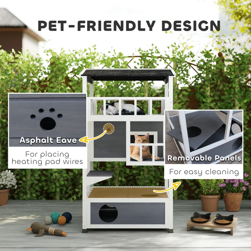 PawHut 4-Floor Wood Outdoor Cat House Catio for Cats with Condo, Fun Entrances, Perch, Grey