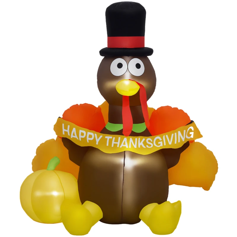 HOMCOM 5ft Inflatable Thanksgiving Turkey Pulls Banner with Pumpkin, Blow Up LED Display for Garden Indoor Outdoor