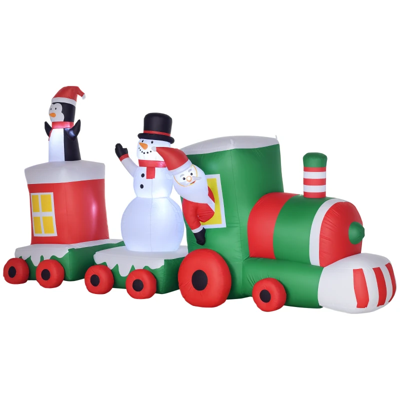 HOMCOM 11ft Christmas Inflatables Outdoor Decorations Holiday Train with Santa, Snowman and Penguin, Blow-Up Yard Christmas Decor with LED Lights Display