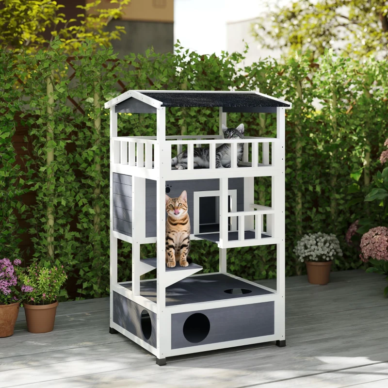 PawHut 4-Floor Wood Outdoor Cat House Catio for Cats with Condo, Fun Entrances, Perch, Grey