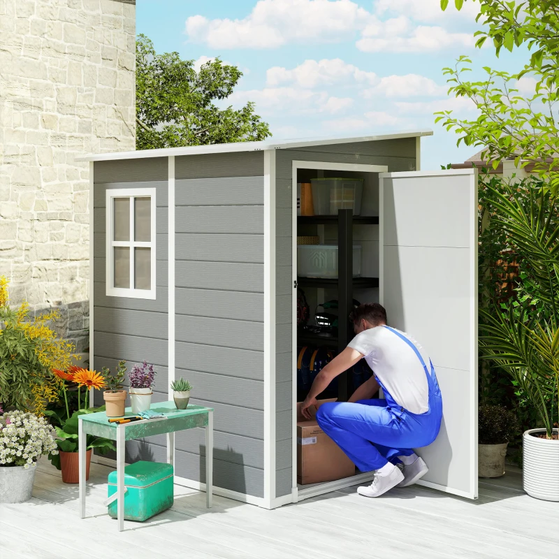 Outsunny 4'x5' Garden Tool Storage Shed, Lean to Shed with Window, Vent and Plastic Roof, Grey