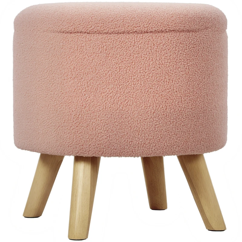 HOMCOM Round Ottoman Stool with Storage, Linen Upholstered Foot Stool with Padded Seat, Hidden Space and Wood Legs, Pink