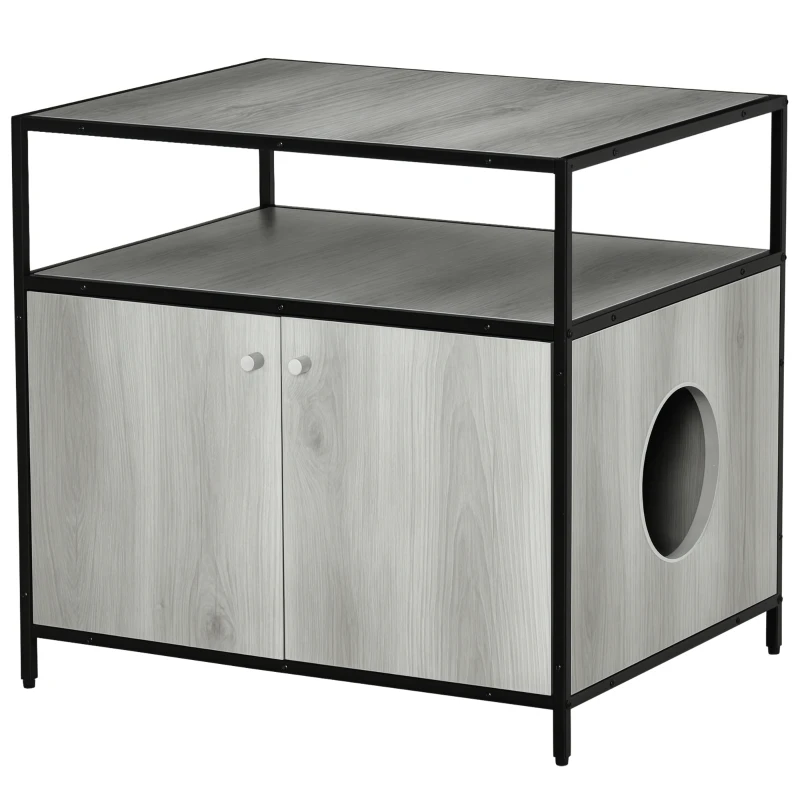 PawHut Wooden Cat Litter Box Enclosure, Hidden Kitten Washroom, Indoor End Table with Magnetic Doors & Storage Shelves, Gray