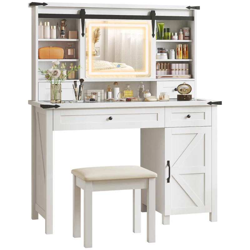 HOMCOM Vanity Desk Set with Mirror and Lights, Cushioned Stool, Storage Drawer, Cabinet, Shelves for Bedroom, White