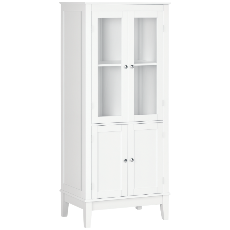 kleankin Bathroom Floor Cabinet with 2 Storage Cabinets, Tempered Glass Door, Freestanding Linen Tower with Adjustable Shelves for Living Room, White