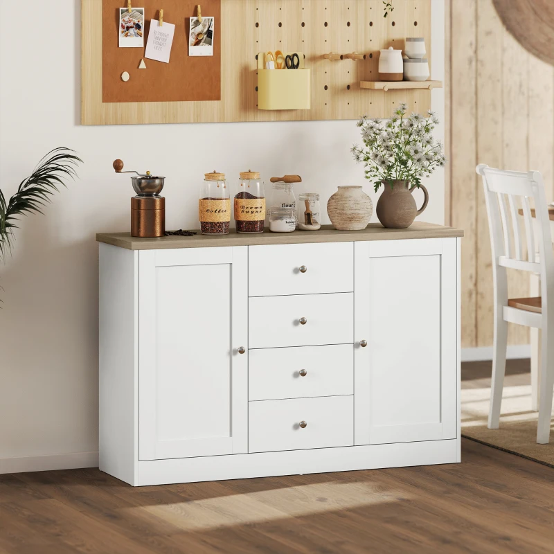 HOMCOM Country Style Sideboard Buffet Cabinet, Coffee Bar Cabinet with Adjustable Shelf, 2 Shaker Doors and 4 Drawers, White