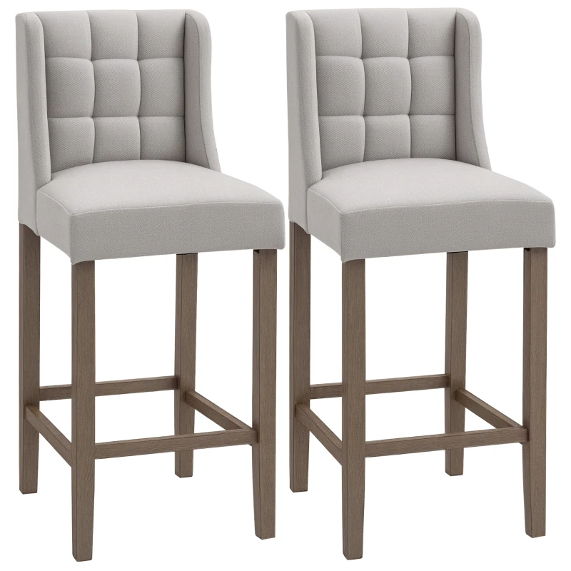 HOMCOM Modern Bar Stools, Tufted Upholstered Barstools, Pub Chairs with Back, Rubber Wood Legs for Kitchen, Dinning Room, Set of 2, Beige
