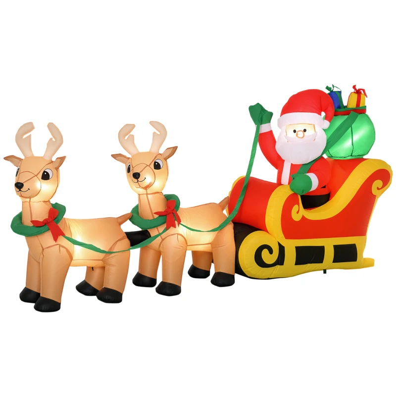 HOMCOM 8ft Christmas Inflatables Santa Claus with Sleigh and Reindeer, Outdoor Decoration with LED Lights Display