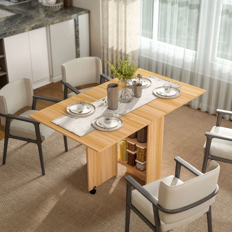 HOMCOM Folding Dining Table, 55" Drop Leaf Table for Small Spaces, Foldable Table with Storage Shelves for Kitchen, Dining Room, Teak