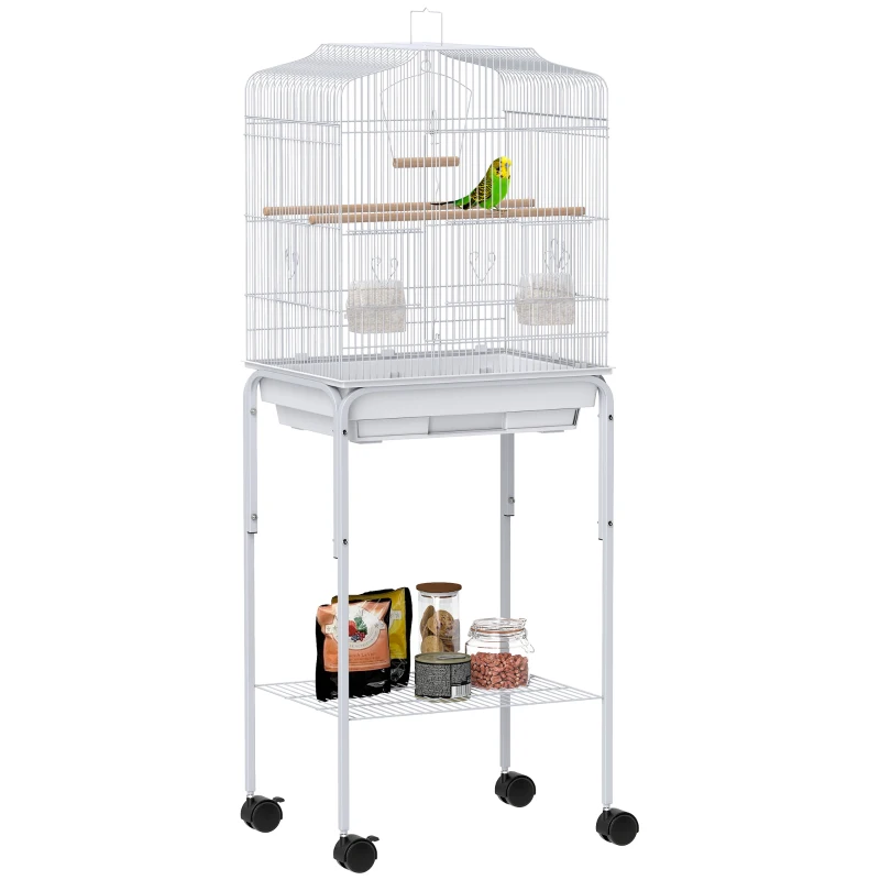 PawHut 49" Rolling Bird Cage Cockatoo House Play Top Finch Pet Supply with Storage Shelf, Wheels - White