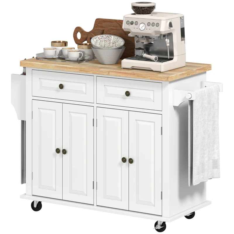 HOMCOM Kitchen Island with Storage, Rolling Trolley Cart with Rubber Wood Top, Spice Rack, Towel Rack, Grey