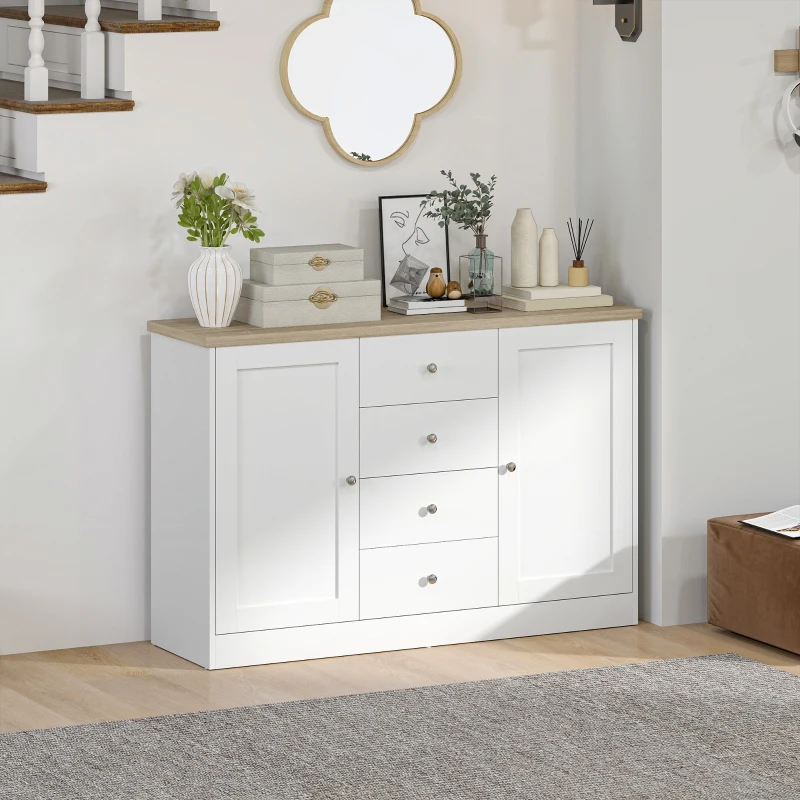 HOMCOM Country Style Sideboard Buffet Cabinet, Coffee Bar Cabinet with Adjustable Shelf, 2 Shaker Doors and 4 Drawers, White