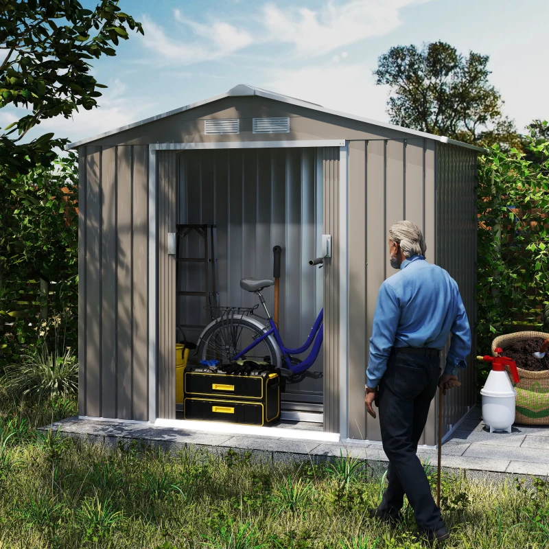 Outsunny 7' x 4' x 6' Metal Storage Shed Outdoor Patio Metal Tool Storage House w/ Foundation Kit and Double Doors Light Brown