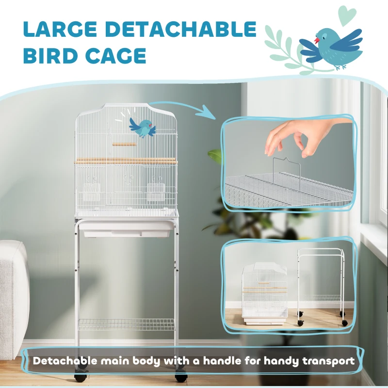 PawHut 49" Rolling Bird Cage Cockatoo House Play Top Finch Pet Supply with Storage Shelf, Wheels - White